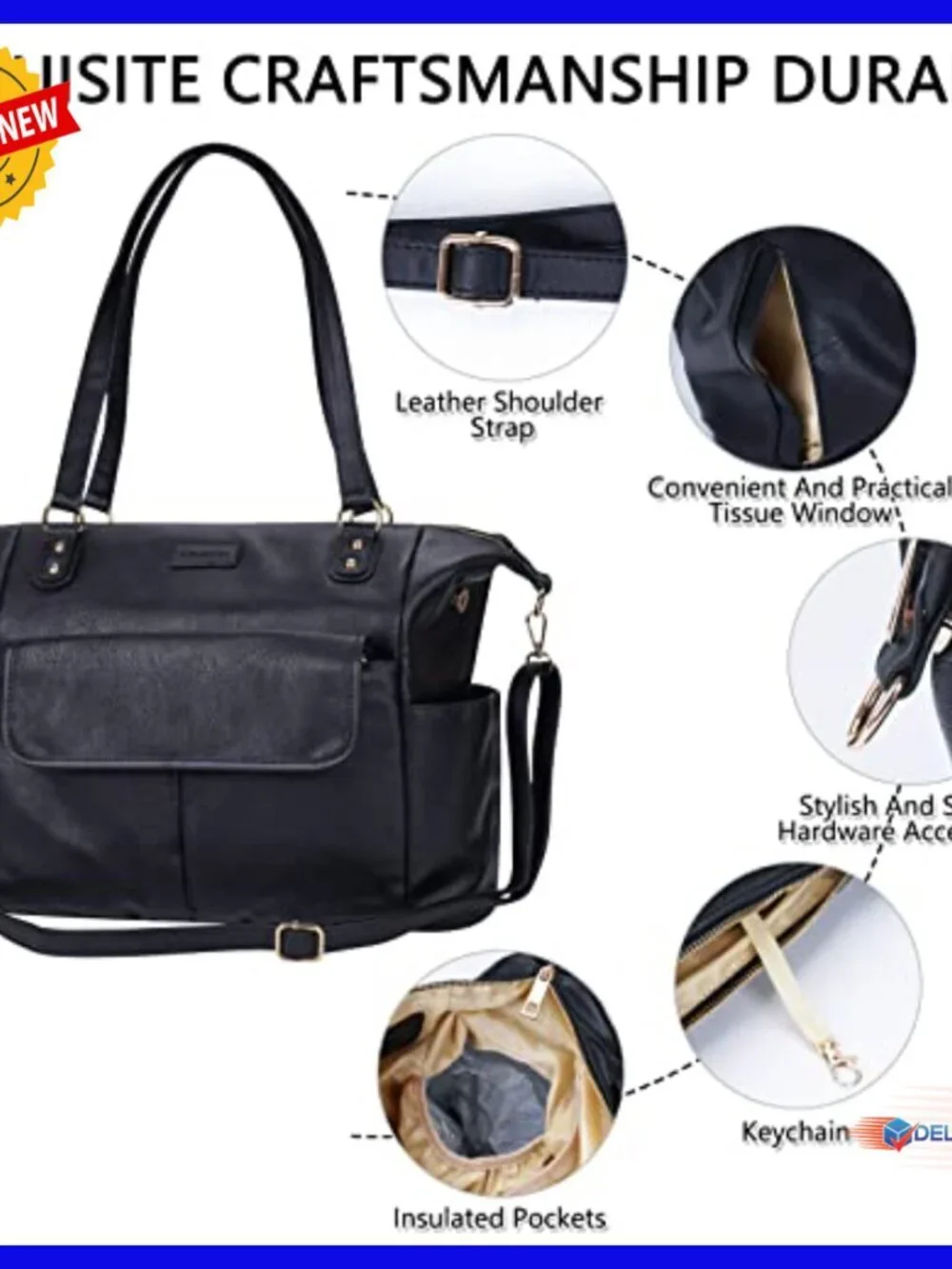 Large Leather Diaper Backpack Tote with 13 Pockets and Insulated Compartments